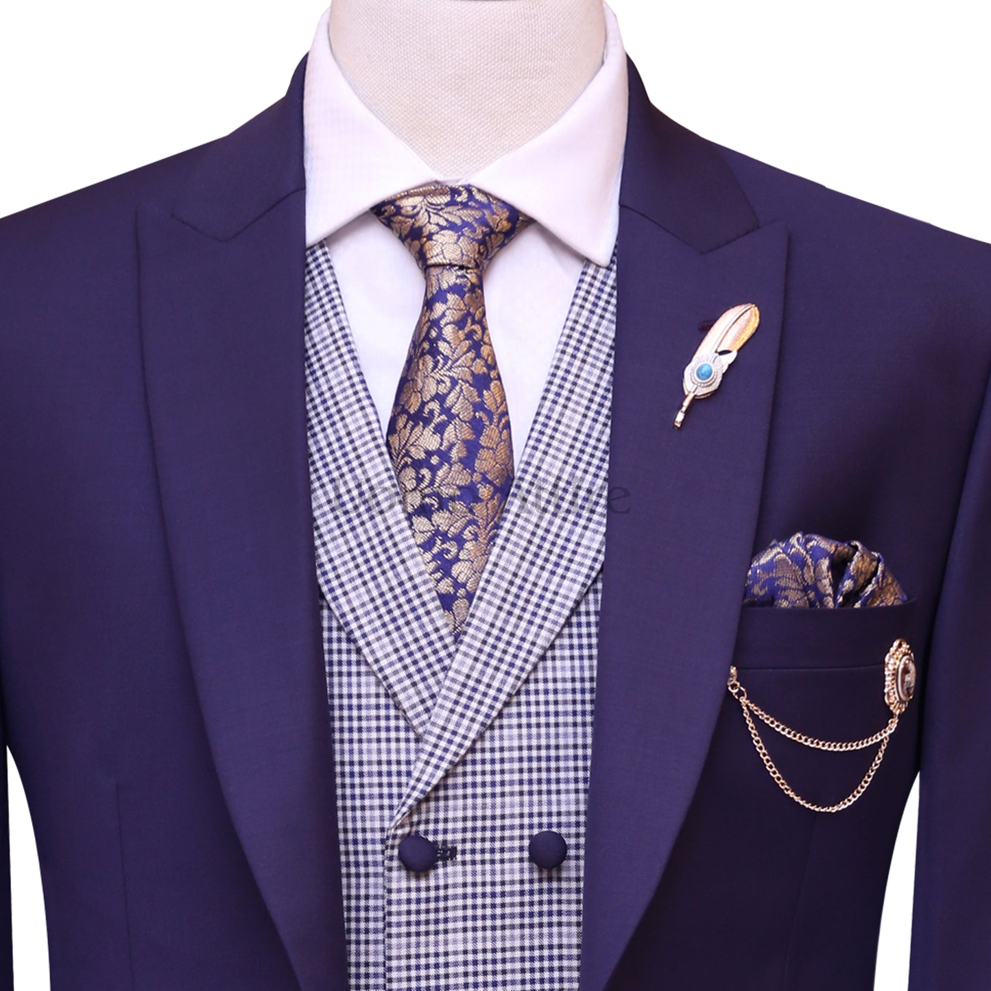 Bespoke plum three piece suit in pure italian fabric, plum color 3 piece suit for men with mini check double breasted vest
