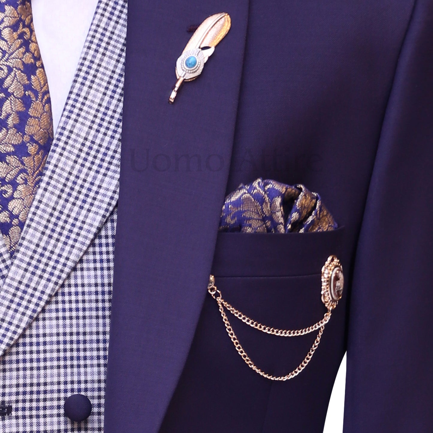 Bespoke plum three piece suit in pure italian fabric, plum color 3 piece suit with pocket square, lapel pin and chain brooch