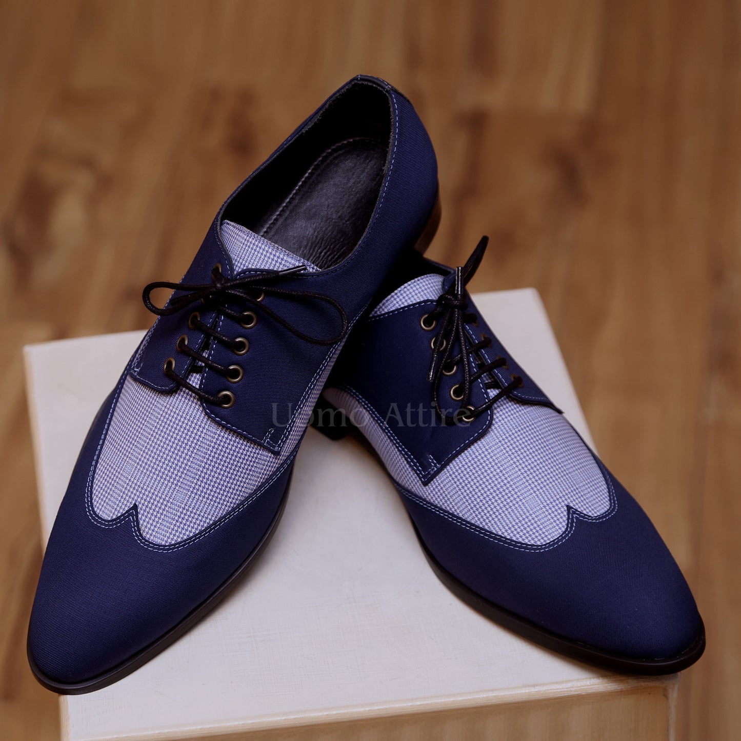 Custom-made deep midnight blue three piece suit shoes, matching fabric shoes for blue suit for men with check double breasted vest