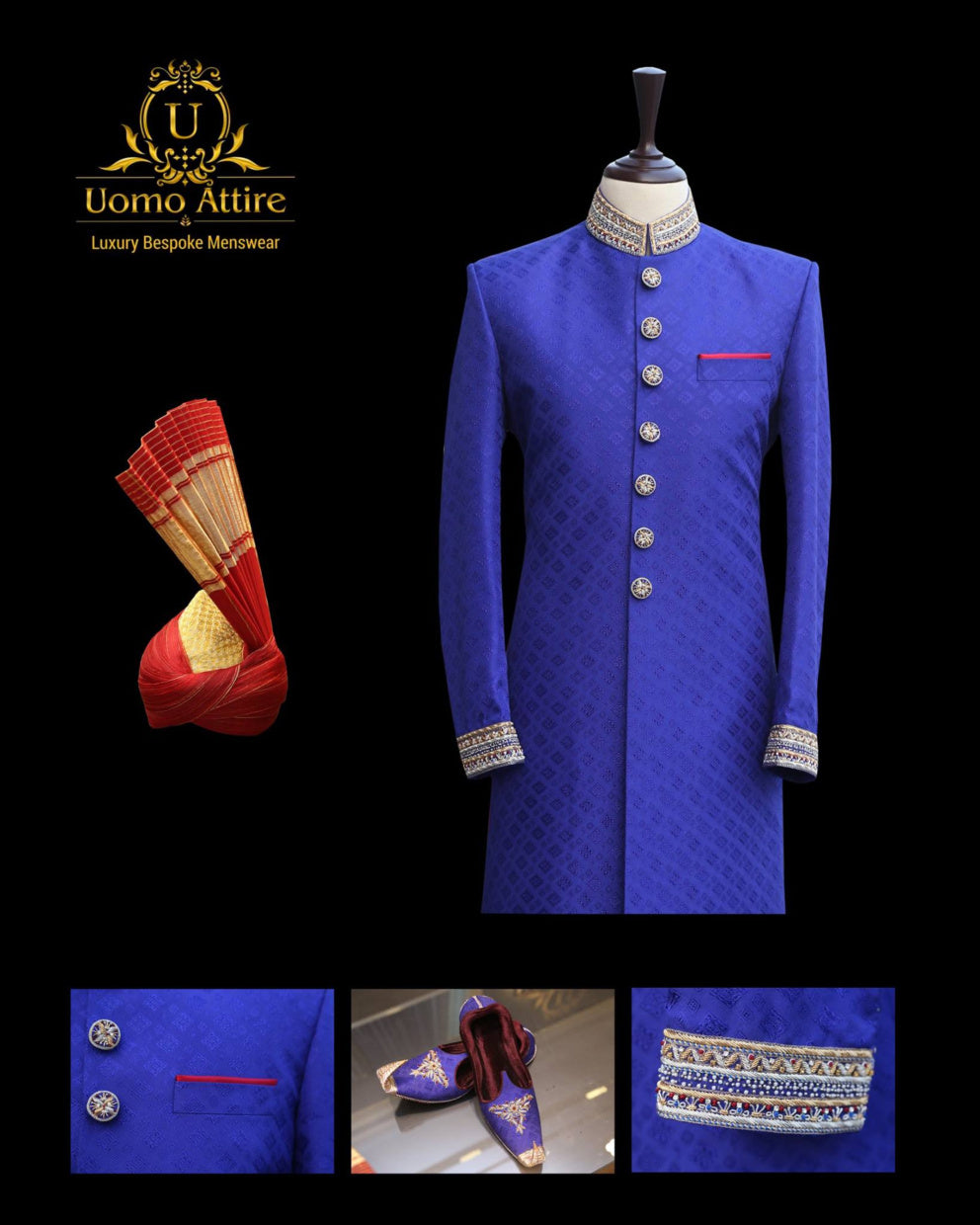 Blue self textured slim fit sherwani package
