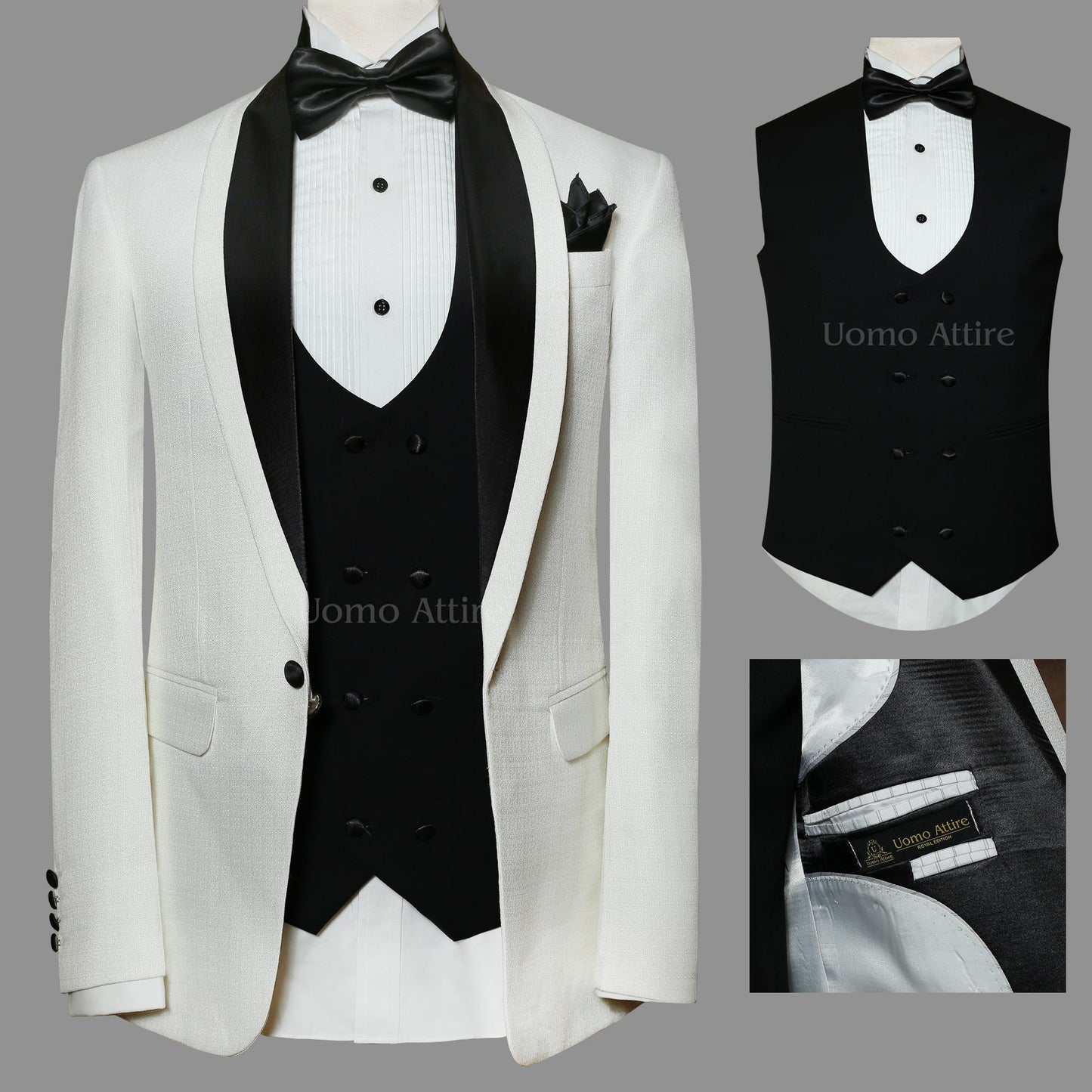 Handmade white and black contrast tuxedo 3 piece suit, white tuxedo suit, black tuxedo suit, tuxedo suit