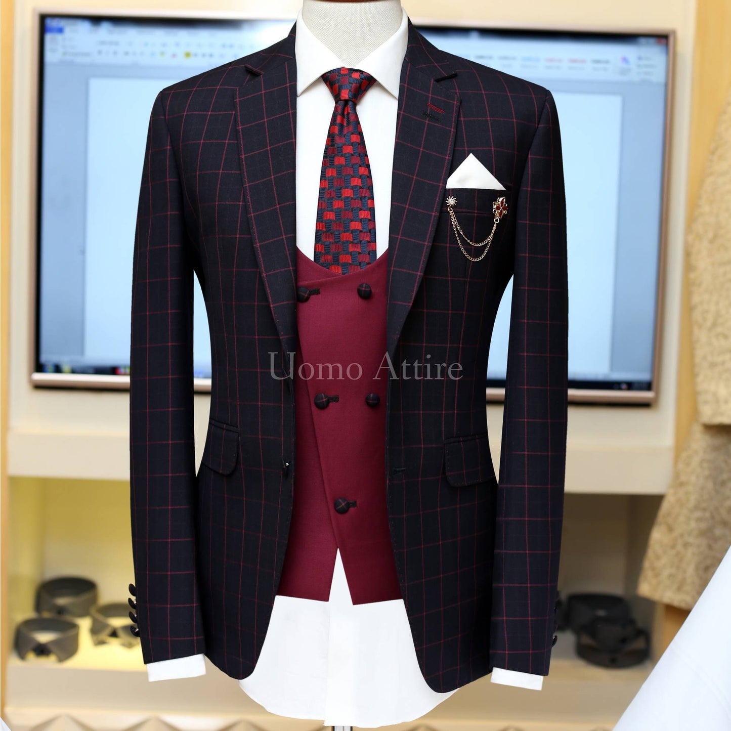 bespoke windowpane check 3 piece suit cut style double breasted vest