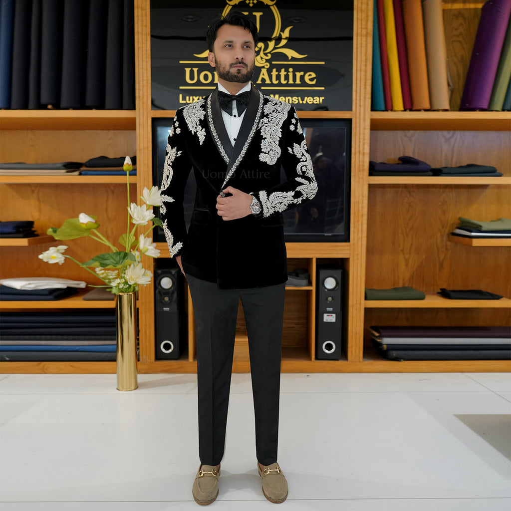 Men's Luxury Black Velvet Embroidered Tuxedo 2-Piece Suit