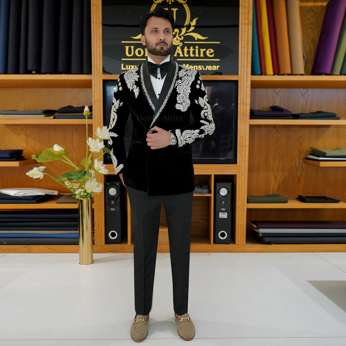 Men's Luxury Black Velvet Embroidered Tuxedo 2-Piece Suit