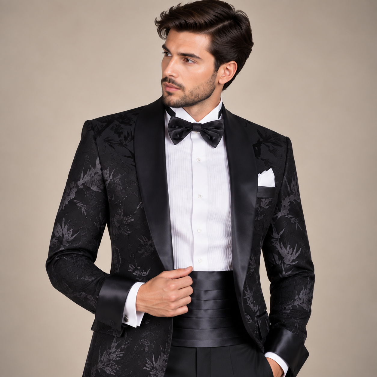 
                  
                    Black Tuxedo for Men in Tropical Jacquard Leaf Embosed Fabric
                  
                