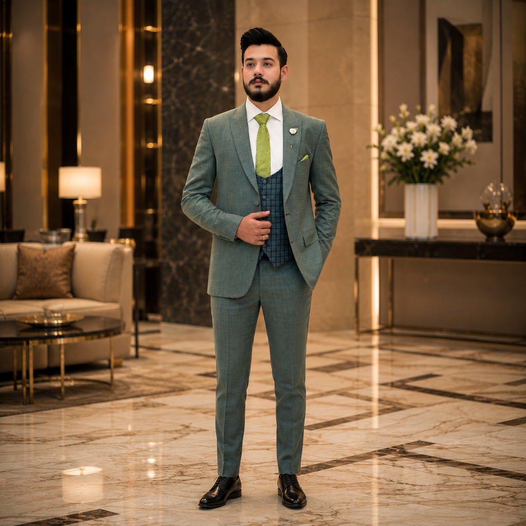 Sage Green Super 180's Wool Cashmere Suit Worn by Mr. Ch. Hassan