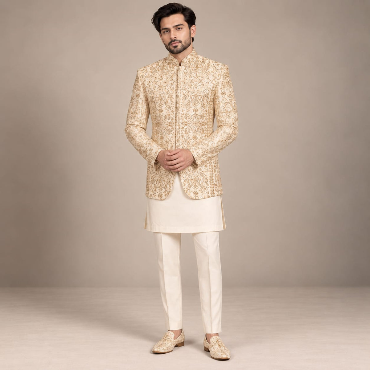 Off-White Embroidered Prince Coat for Modern Groom