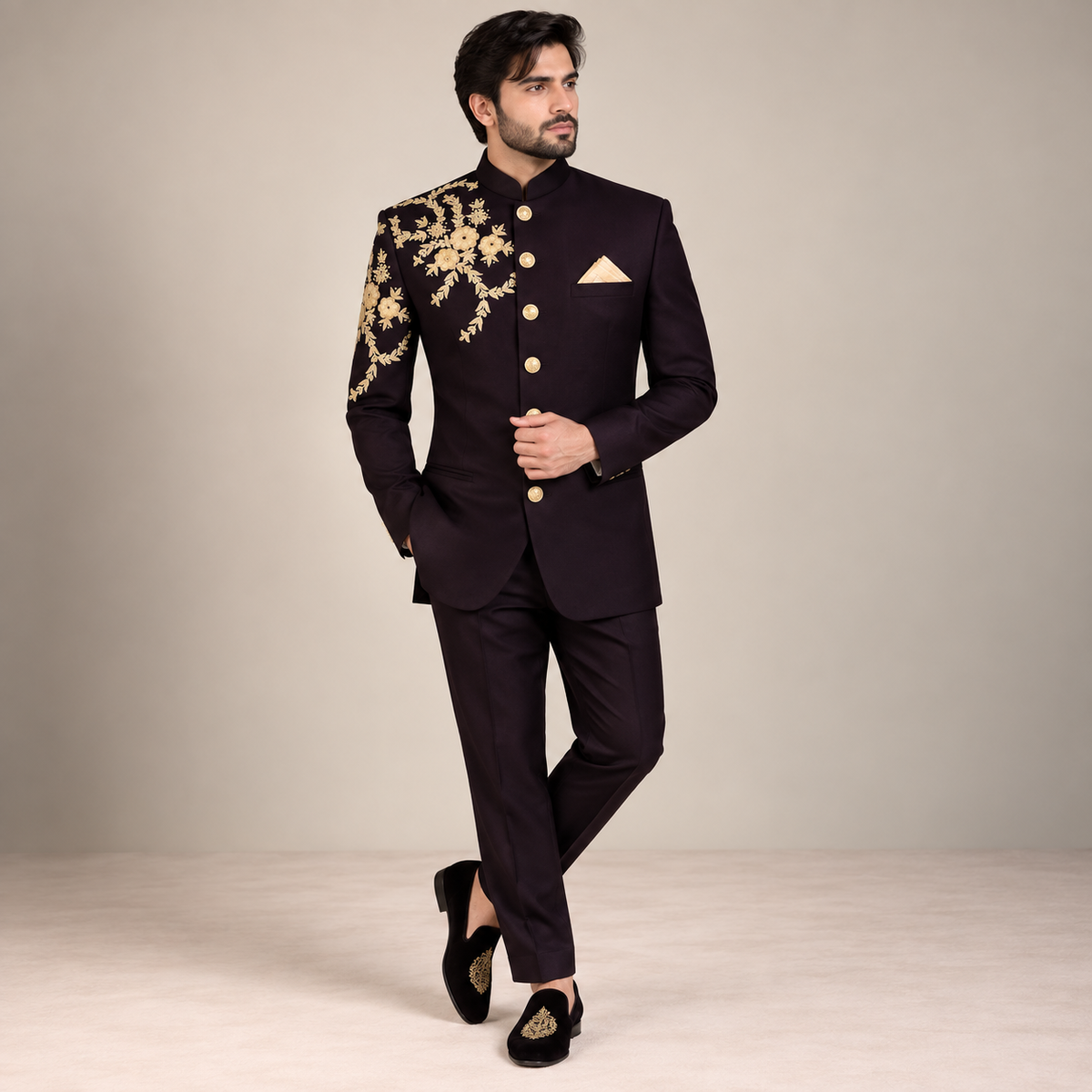 Costume deux pièces prince personnalisé marron foncé en tissu tropical 