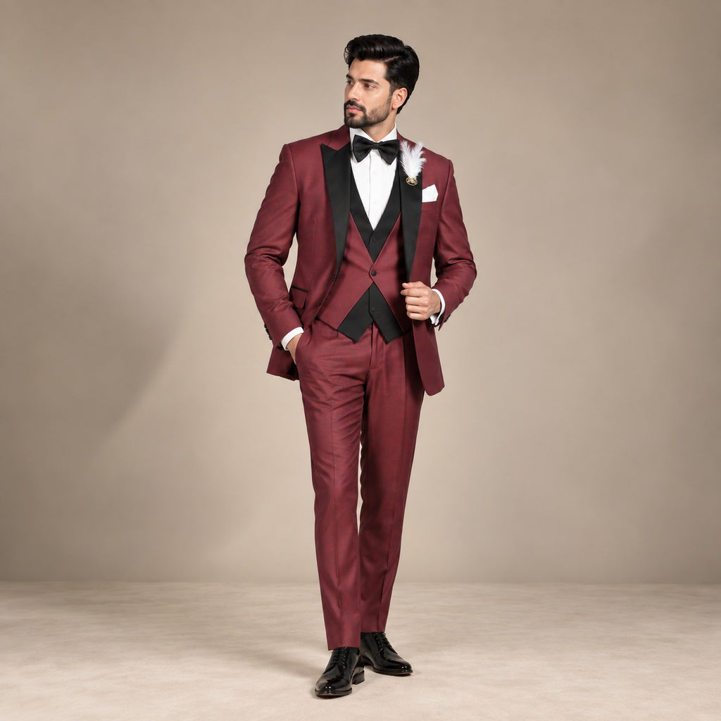 Maroon 3 Piece Tuxedo for Men in Italian Tropical Wool