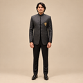 Men's Luxury Charcoal Grey Embroidered Bandhgala / Prince Coat with Black Trouser (Worn by Pakistani Cricketer Muhammad Irfan)