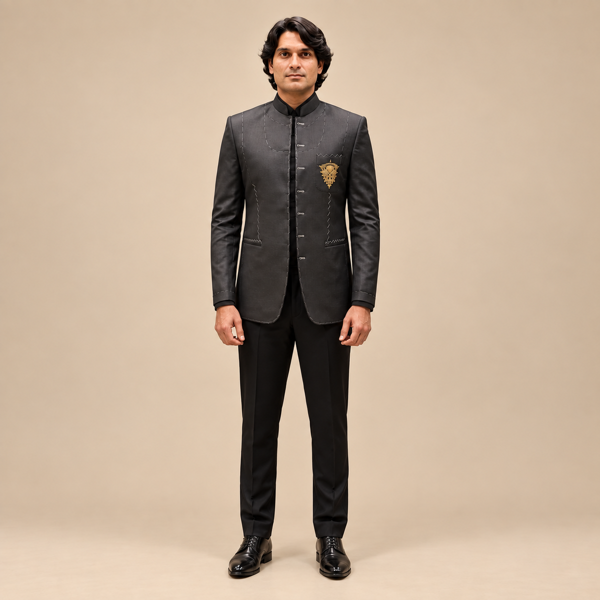 Men's Luxury Charcoal Grey Embroidered Bandhgala / Prince Coat with Black Trouser (Worn by Pakistani Cricketer Muhammad Irfan)