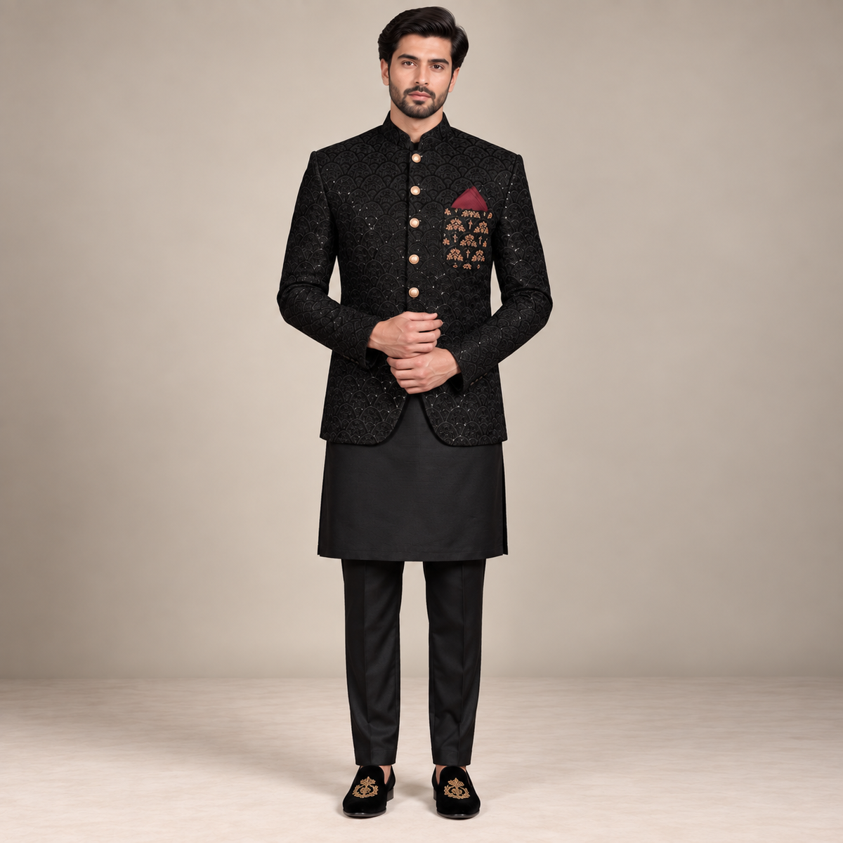 Jet Black Fully Embroidered Prince Coat For Special Events