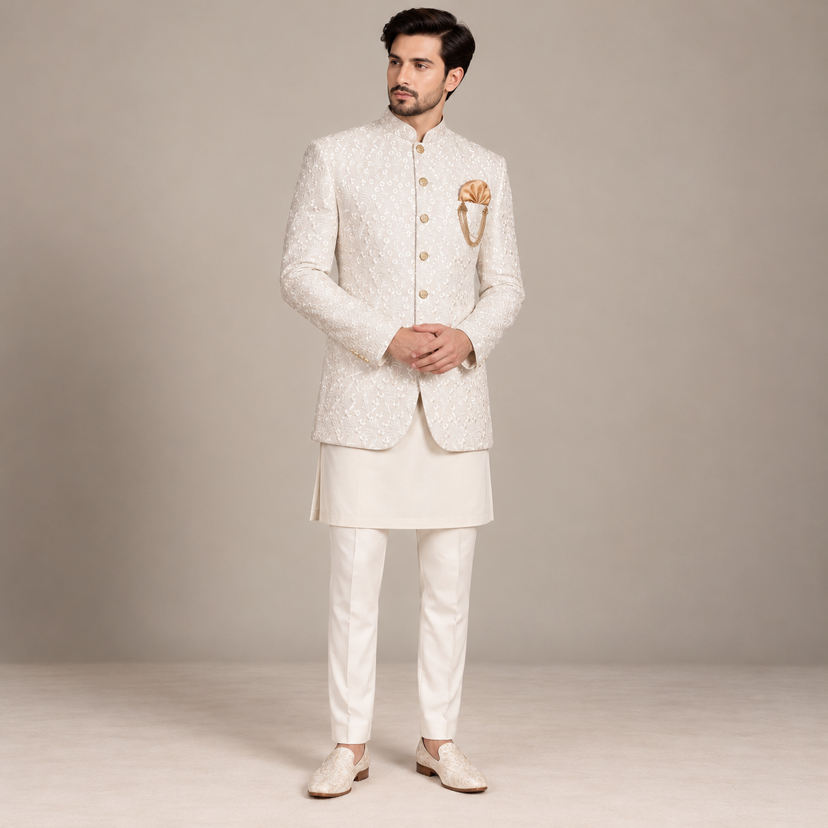 Luxurious Off-White Prince Coat with Embroidered Fabric – Perfect for Special Occasions
