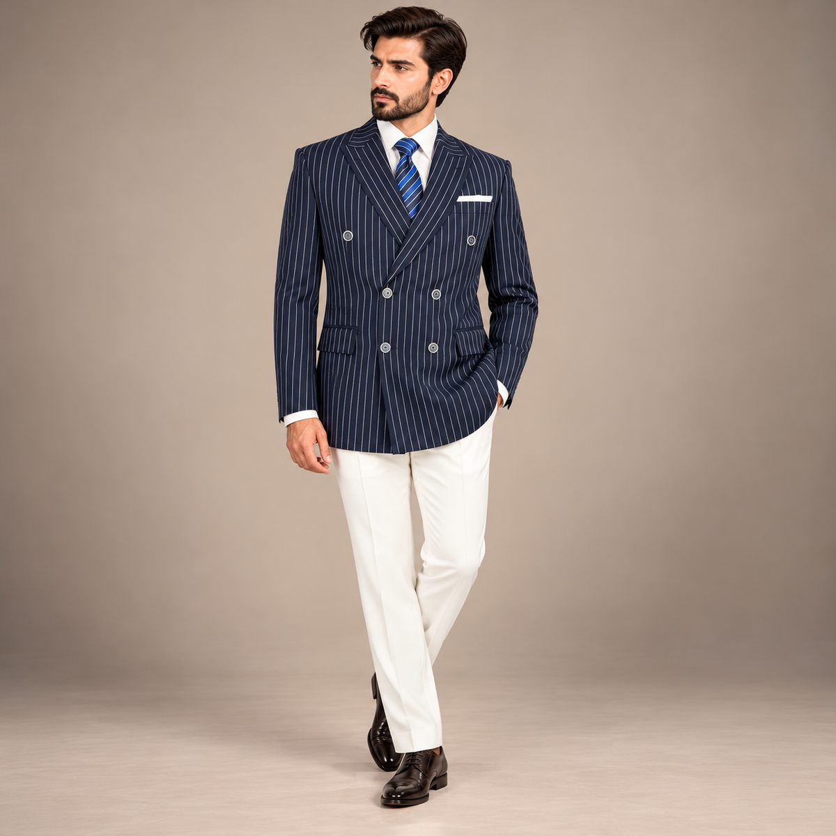 Uomo Attire Limited Edition Navy Blue Double-Breasted Pinstripe Suit | Premium Lanificio Italian Fabric Luxury Menswear