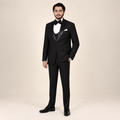 Luxury Italian Black Tuxedo with Embellished Shawl Lapel and Double-Breasted Waistcoat