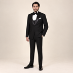 Luxury Italian Black Tuxedo with Embellished Shawl Lapel and Double-Breasted Waistcoat