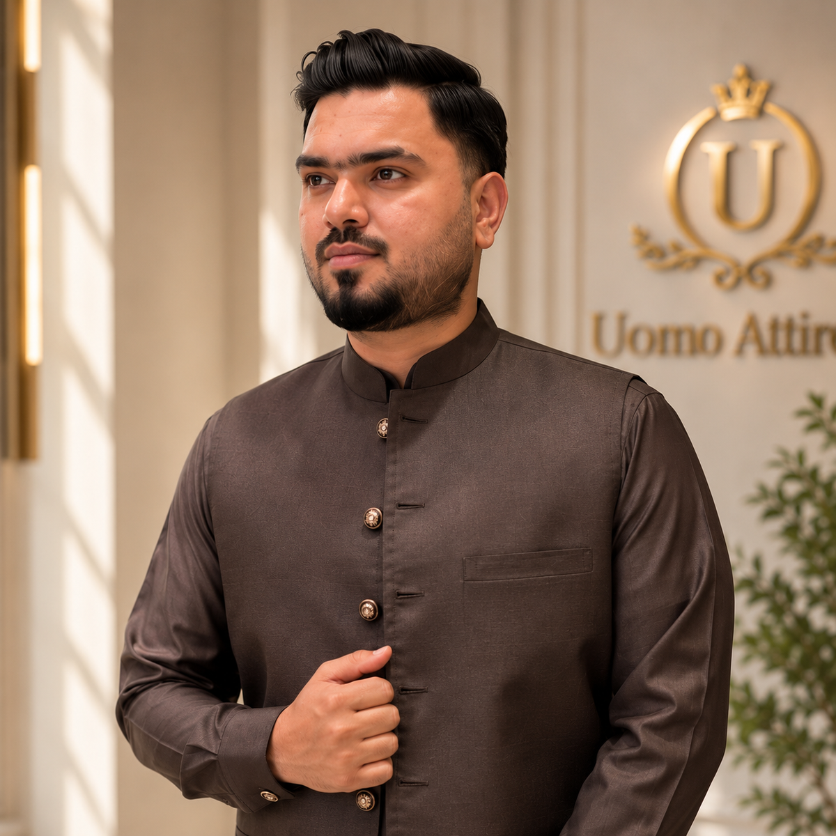 Dark Brown Liu Hua Wool Waistcoat for Men Worn by Mr. Ameroz Khan