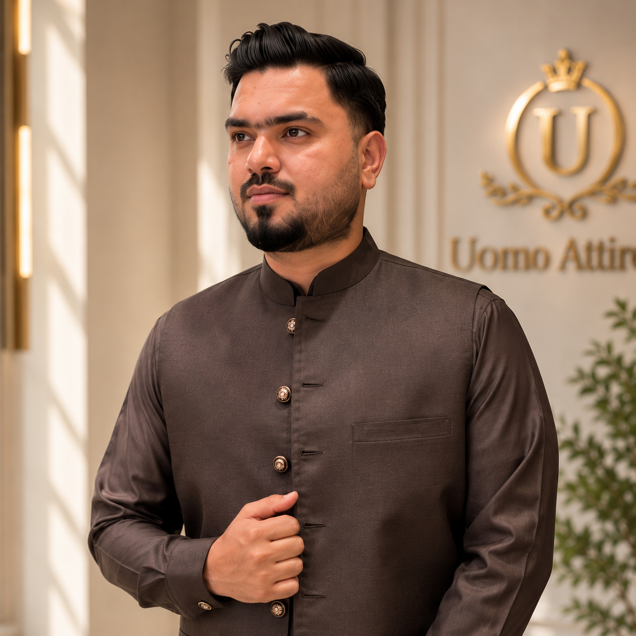 
                  
                    Dark Brown Liu Hua Wool Waistcoat for Men Worn by Mr. Ameroz Khan
                  
                