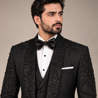 Jet Black Tropical Fabric Tuxedo with Hand Embellishment for Men