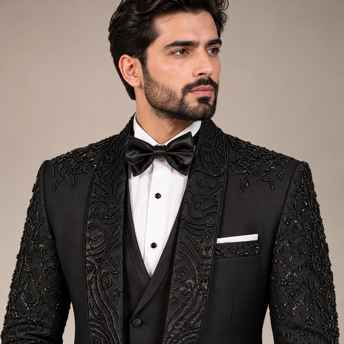 Jet Black Tropical Fabric Tuxedo with Hand Embellishment for Men