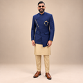 Bespoke Angrakha-Style Navy Blue Prince Coat For Mens With Kurta Pajma