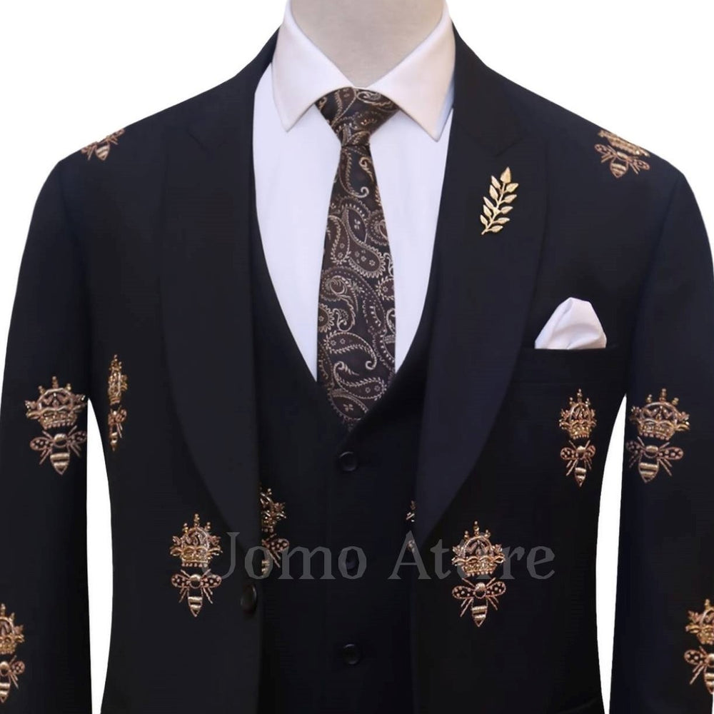 
                  
                    Bespoke honey bee black custom embellished 3 piece suit | Best Wedding Suit for Groom 3
                  
                