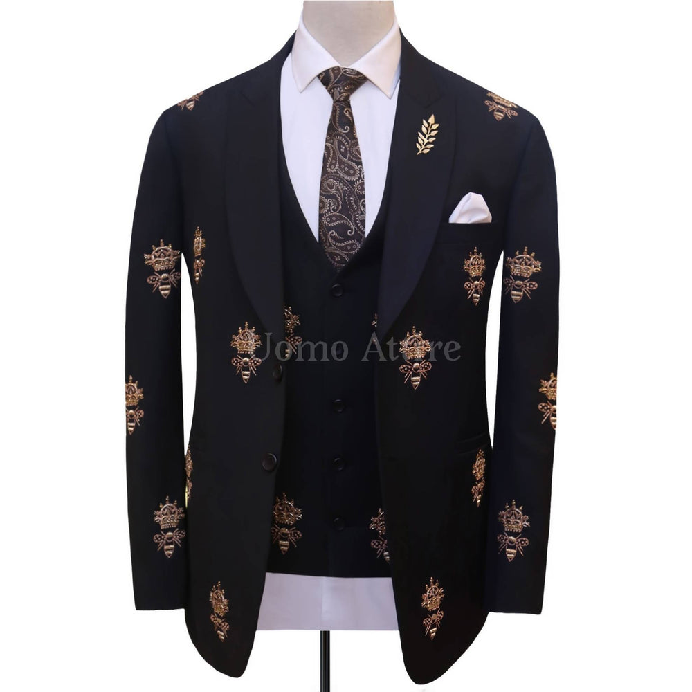 Bespoke honey bee black custom embellished 3 piece suit | Best Wedding Suit for Groom
