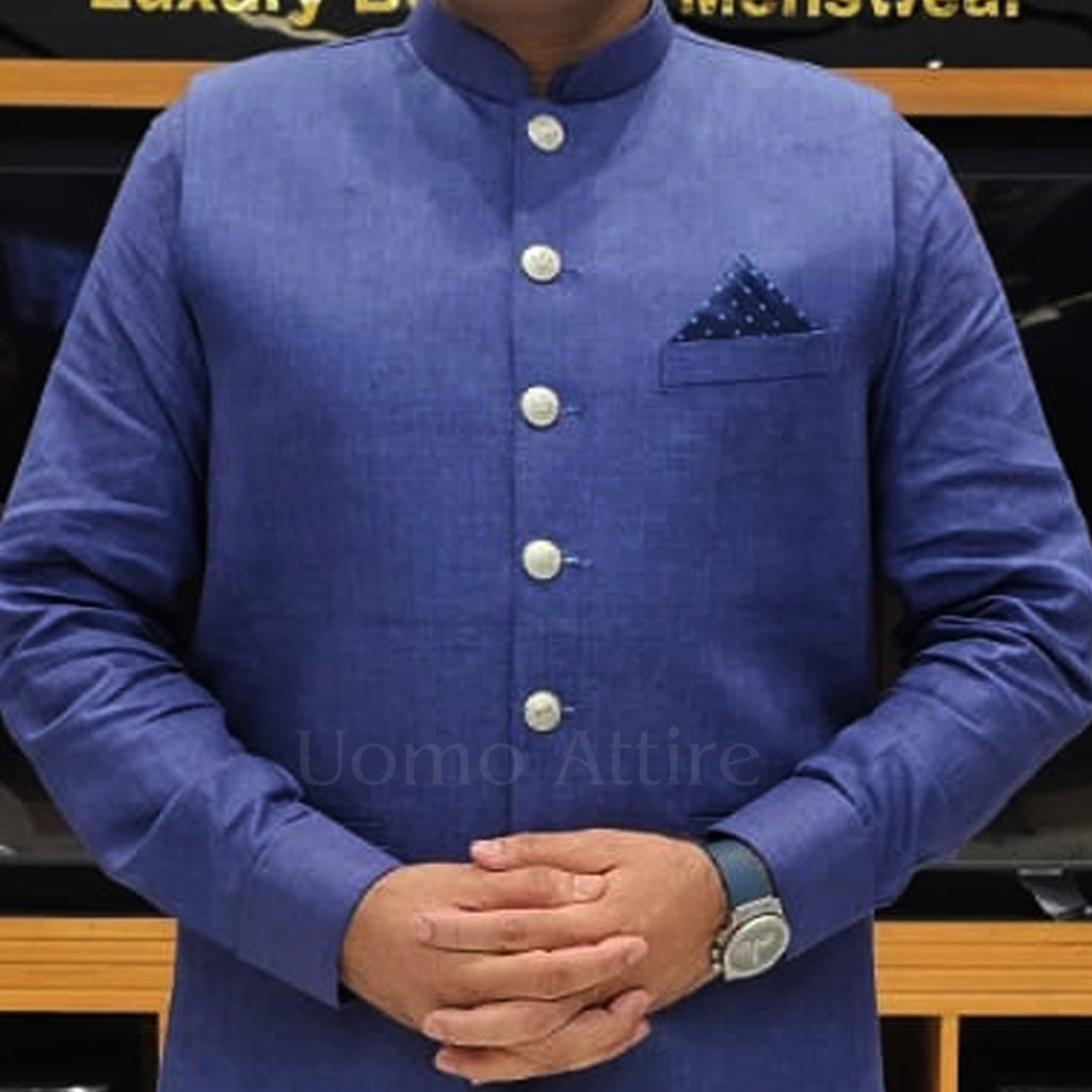 Men's Luxury Royal Blue Embroidered Waistcoat with Matching Kurta Pajama Worn by our client Usman Azam