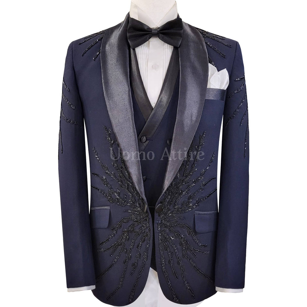 Custom tailored navy blue embellished tuxedo 3 piece suit for groom | Wedding suit for groom