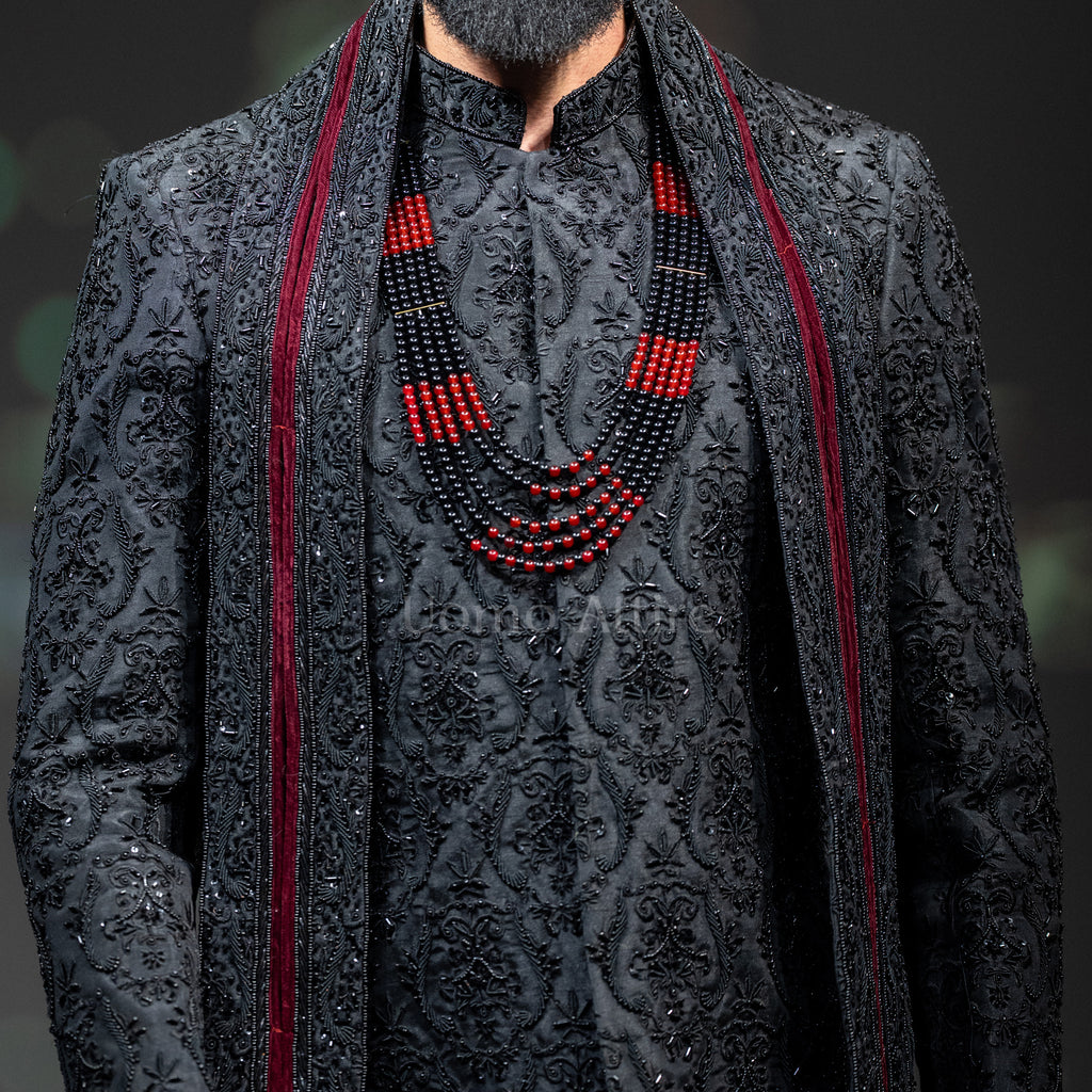 Men's Luxury Black Embroidered Sherwani with Groom Turban & Mala