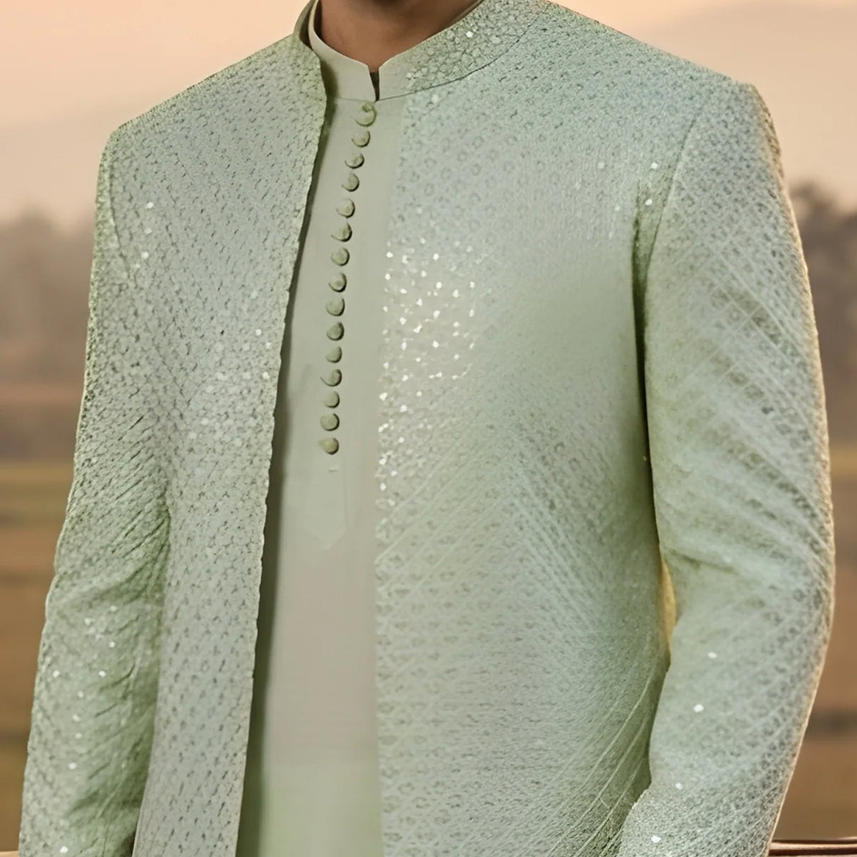 Men's Luxury Pistachio Green Embroidered Prince Coat with Matching Kurta Pajama
