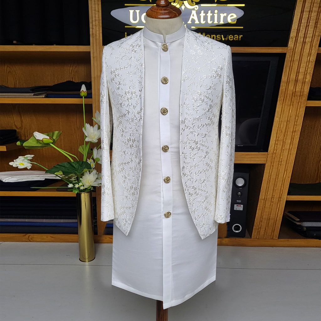 Men's Luxury Off-White Embroidered Prince Coat with Matching Kurta Pajama