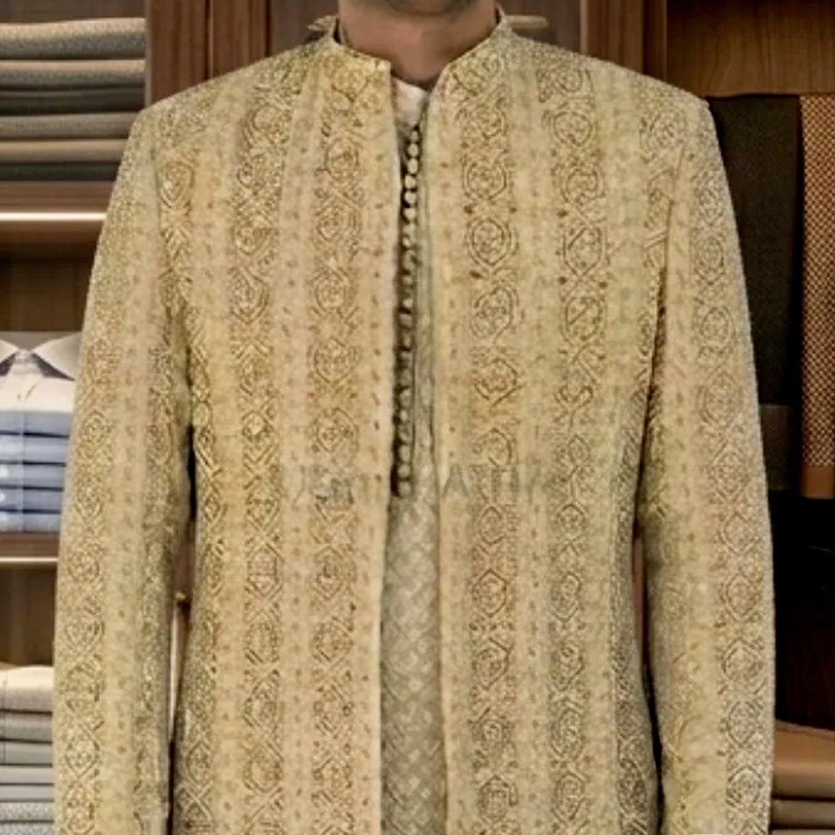 Men's Luxury Skin Color Embroidered Prince Coat with Matching Kurta Pajama