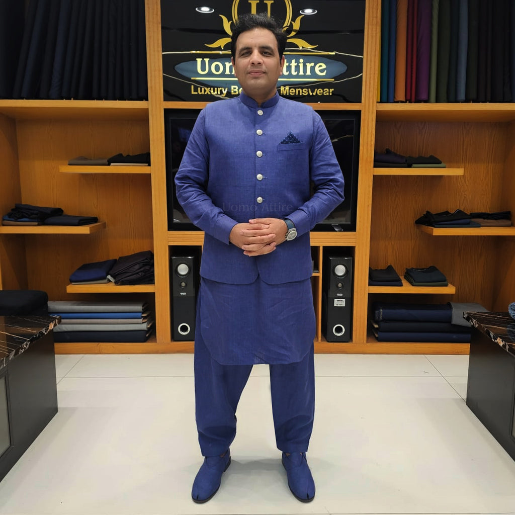 Men's Luxury Royal Blue Embroidered Waistcoat with Matching Kurta Pajama Worn by our client Usman Azam