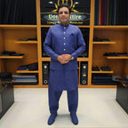 Men's Luxury Royal Blue Embroidered Waistcoat with Matching Kurta Pajama Worn by our client Usman Azam