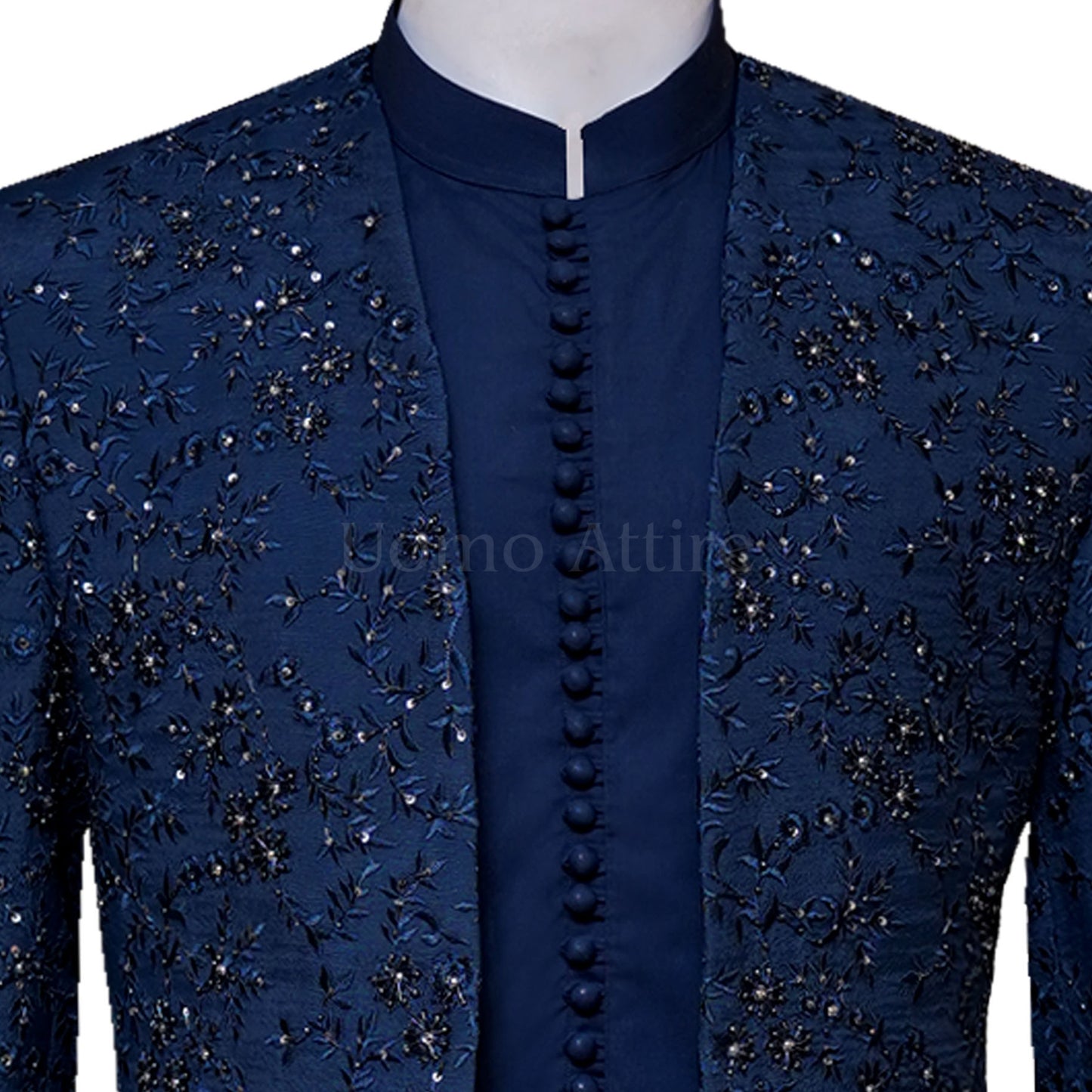 
                  
                    Navy Blue Prince Coat for men in Multicolor Hand Embellished
                  
                