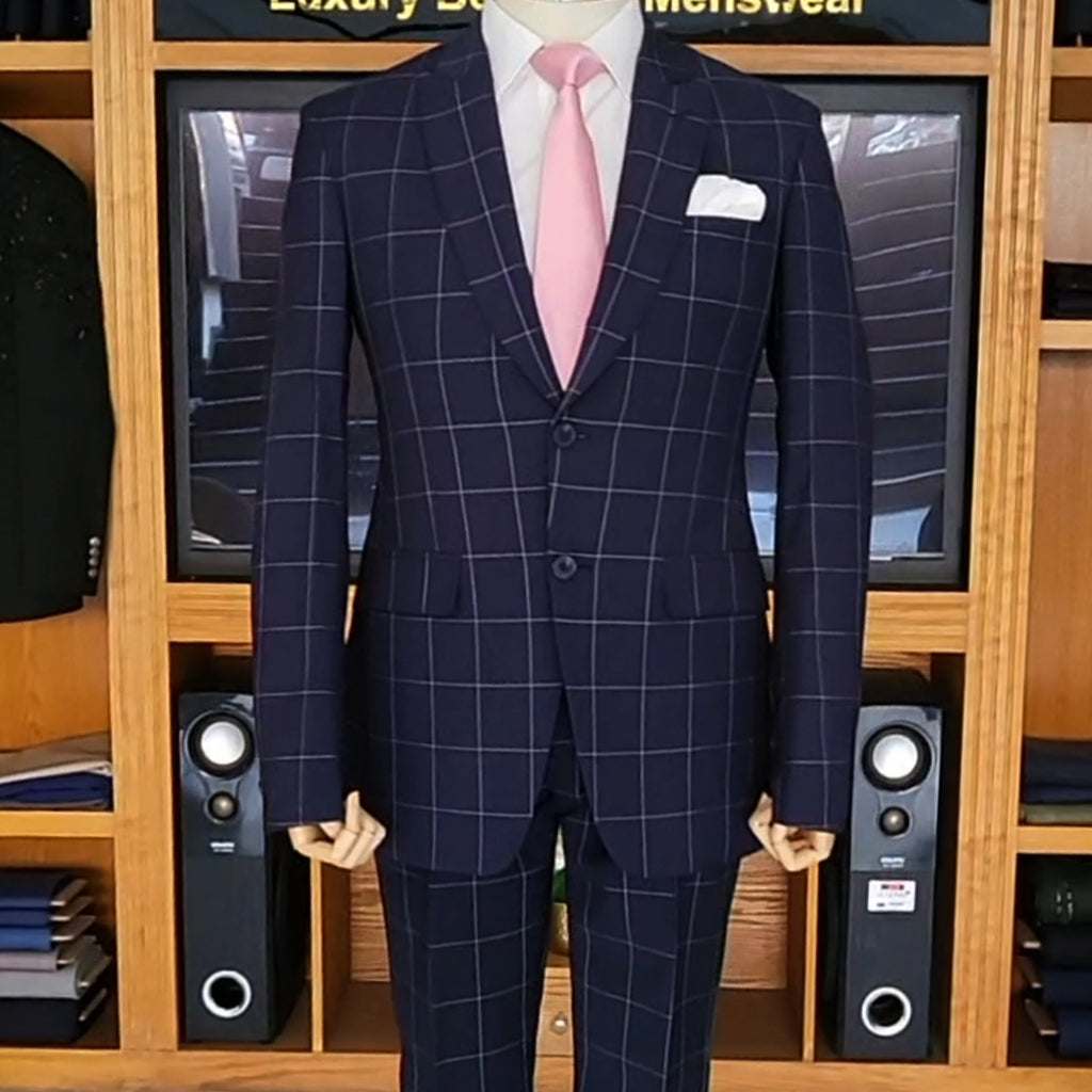 Men's Luxury Navy Blue Plaid 2-Piece Suit
