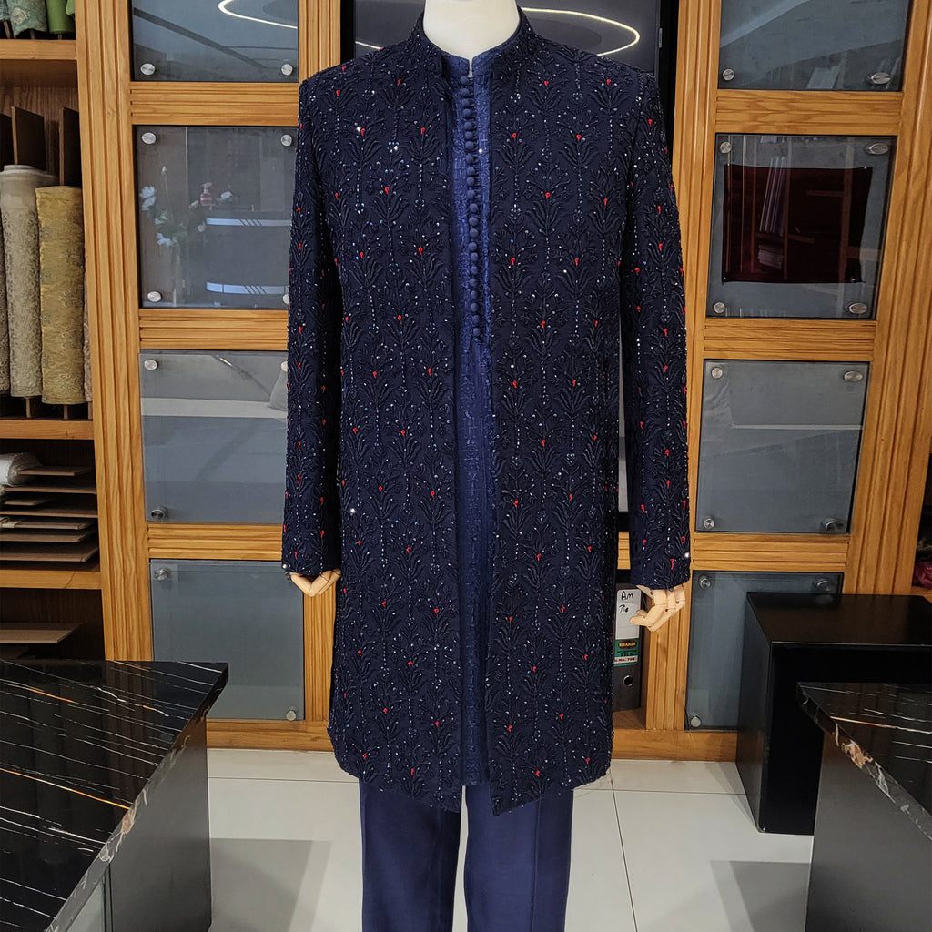Men's Luxury Navy Blue Embellished Sherwani with Jewellery Work