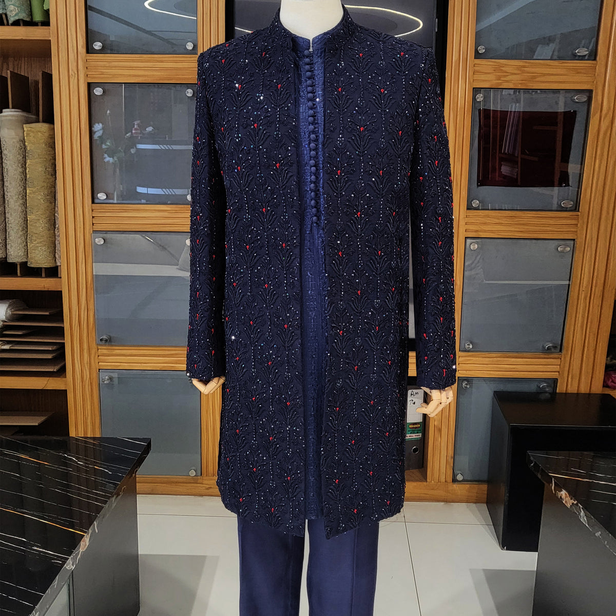 Men's Luxury Navy Blue Embellished Sherwani with Jewellery Work