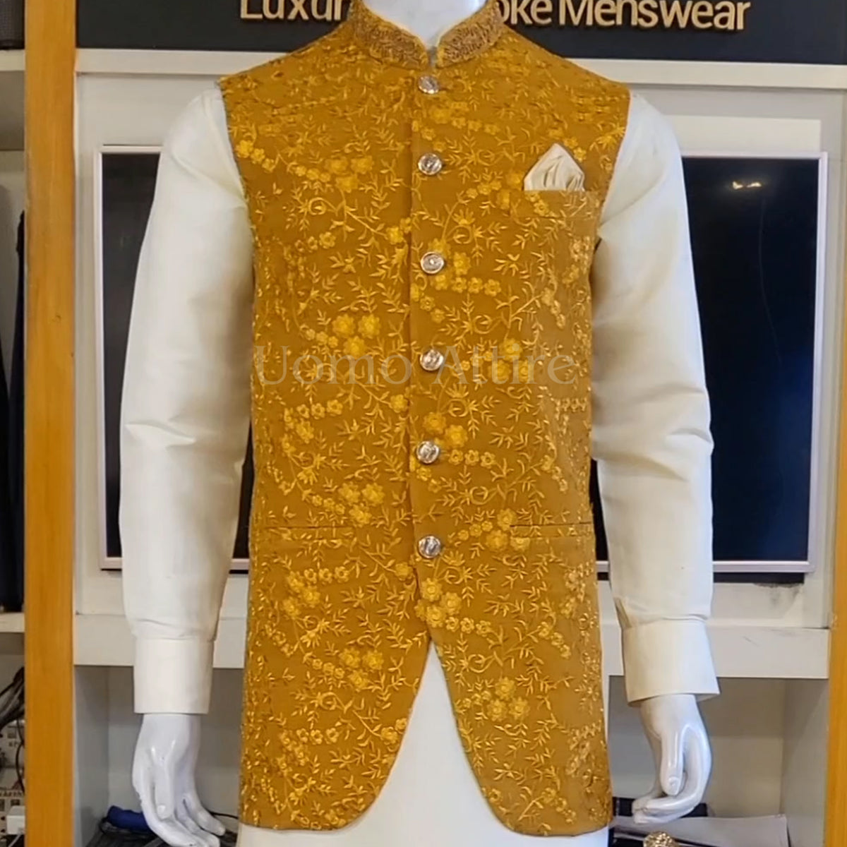 Men's Mustard Designer Mehndi Waistcoat