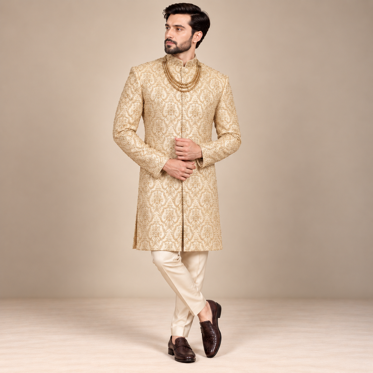 Luxury Light Golden Embroidered Sherwani with Hand Embellishment for Groom