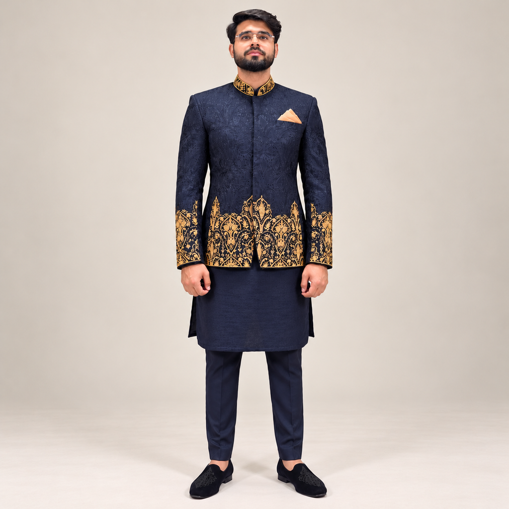Luxury Midnight Navy Blue Jodhpuri Prince Coat with Gold Jewellery-Inspired Embellishment Worn By MR TALHA SHAHID | Premium Royal Groom Wear – Uomo Attire