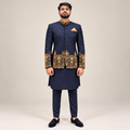 Luxury Midnight Navy Blue Jodhpuri Prince Coat with Gold Jewellery-Inspired Embellishment Worn By MR TALHA SHAHID | Premium Royal Groom Wear – Uomo Attire
