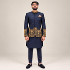 Luxury Midnight Navy Blue Jodhpuri Prince Coat with Gold Jewellery-Inspired Embellishment Worn By MR TALHA SHAHID | Premium Royal Groom Wear – Uomo Attire