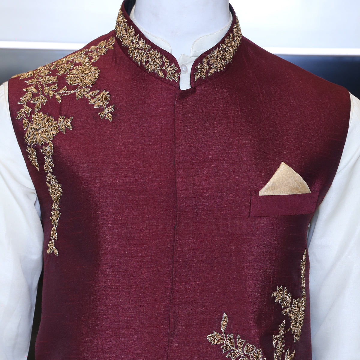 Maroon Designer Waistcoat with Golden Jewelry Work