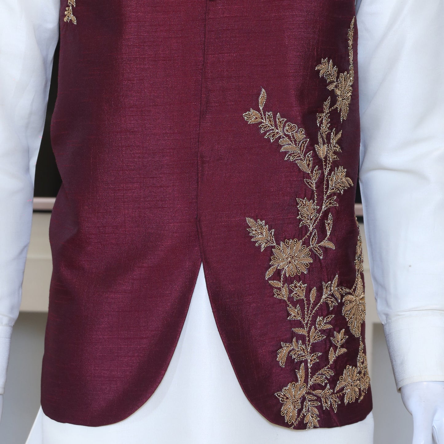 
                  
                    Maroon Designer Waistcoat with Golden Jewelry Work
                  
                