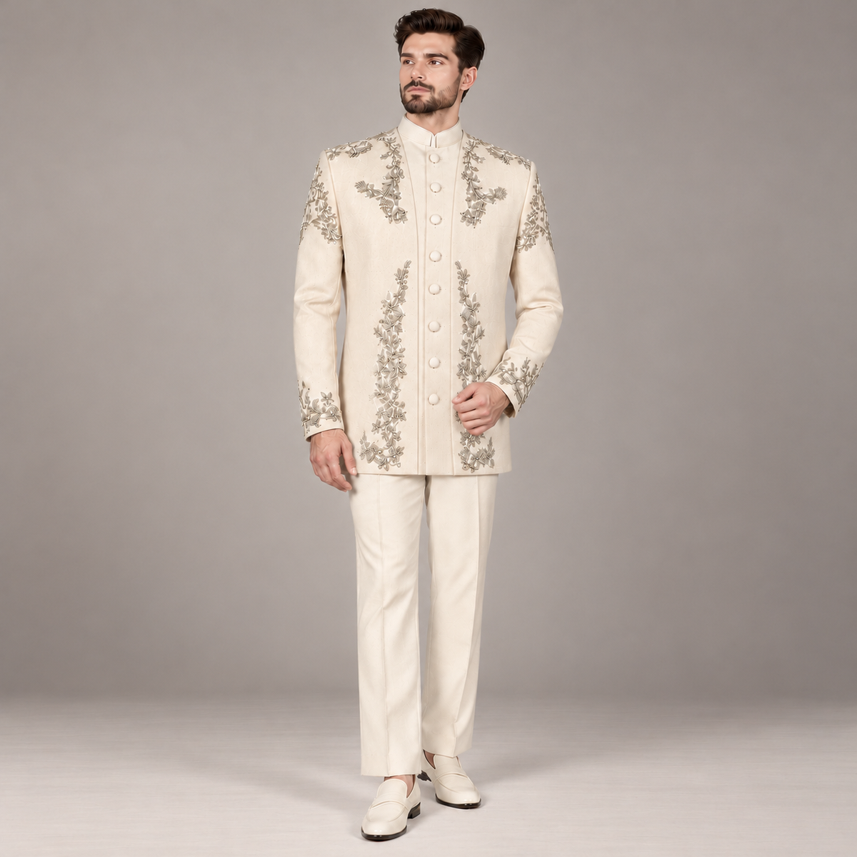IVORY MONARCH EMBALLISHED HERITAGE OPEN FRONT PRINCE COAT WITH SHORT SHIRT BOOT CUT TROUSER