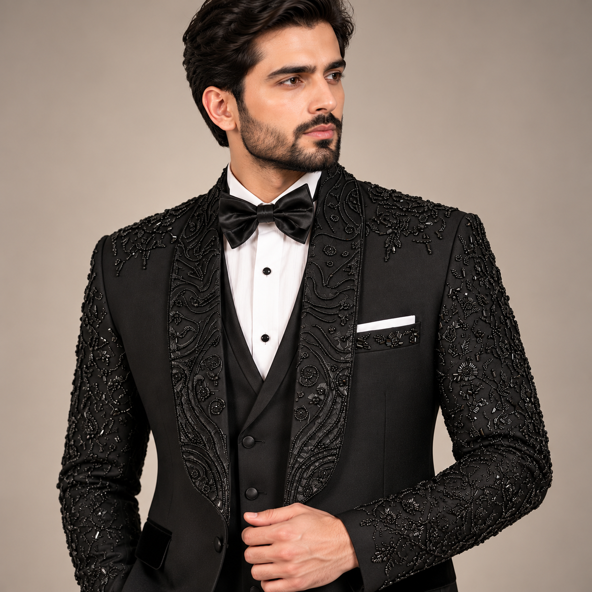 Jet Black Tropical Fabric Tuxedo with Hand Embellishment for Men