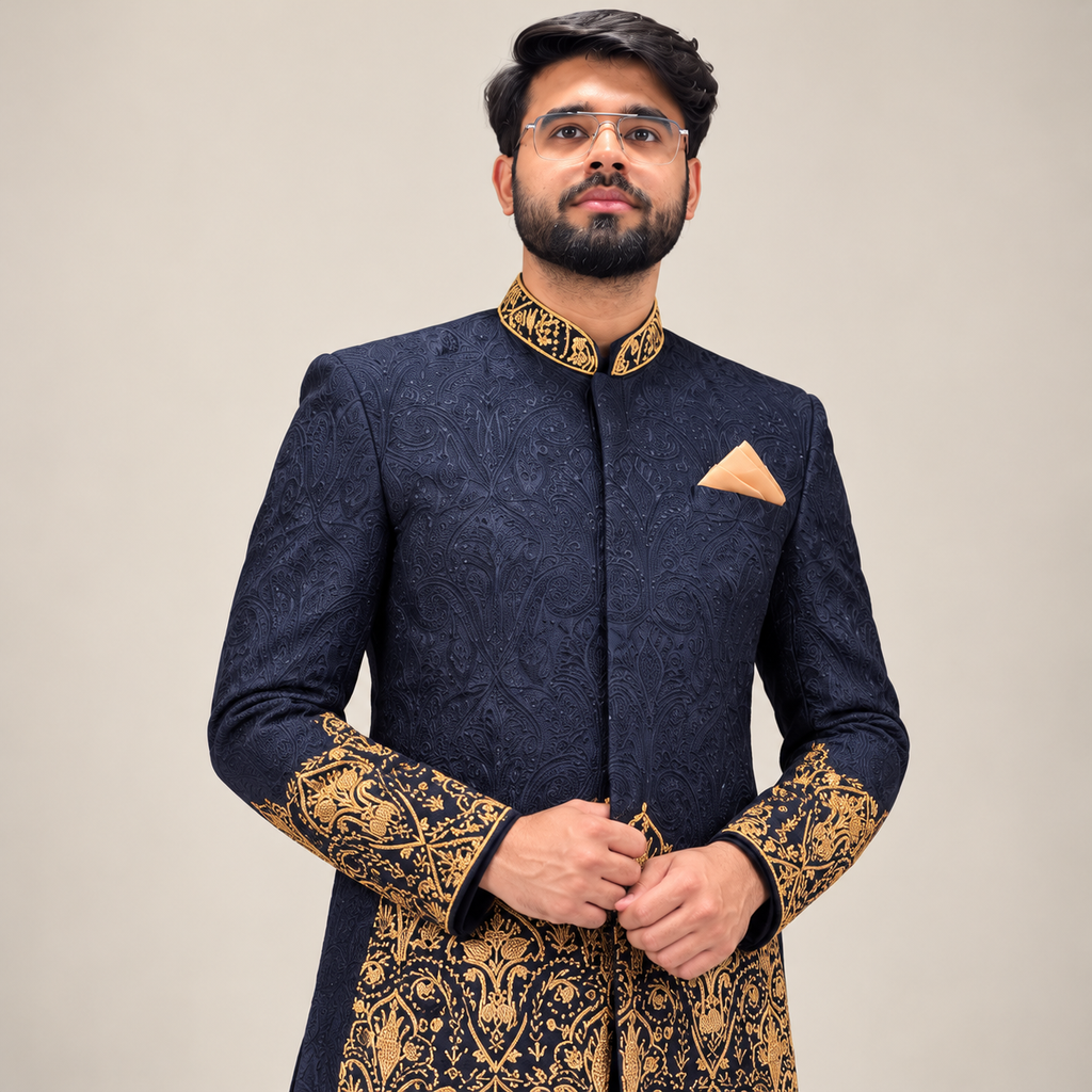 Luxury Midnight Navy Blue Jodhpuri Prince Coat with Gold Jewellery-Inspired Embellishment Worn By MR TALHA SHAHID | Premium Royal Groom Wear – Uomo Attire