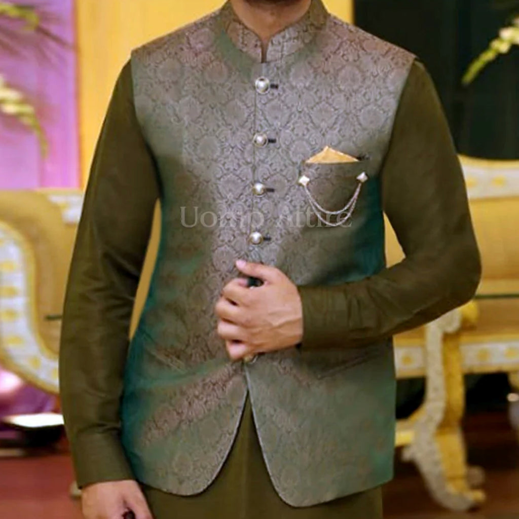 Luxury Indian Imported Self Jama War Customized Waistcoat for Groom